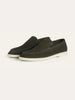 Men's dark green suede moccasin slippers by FJØRNA, featuring soft suede material and comfortable slip-on design.