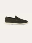 Men's dark green suede moccasin slippers by FJØRNA, shown from the side with a soft, textured suede surface and comfortable slip-on style.
