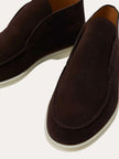 Men's brown suede loafers by FJØRNA, featuring a classic slip-on design and smooth suede texture.
