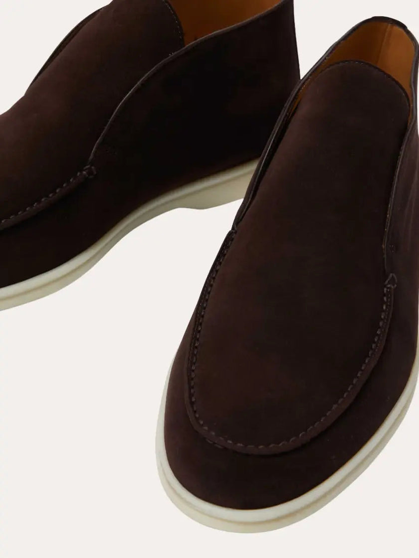 Men's brown suede loafers by FJØRNA, featuring a classic slip-on design and smooth suede texture.