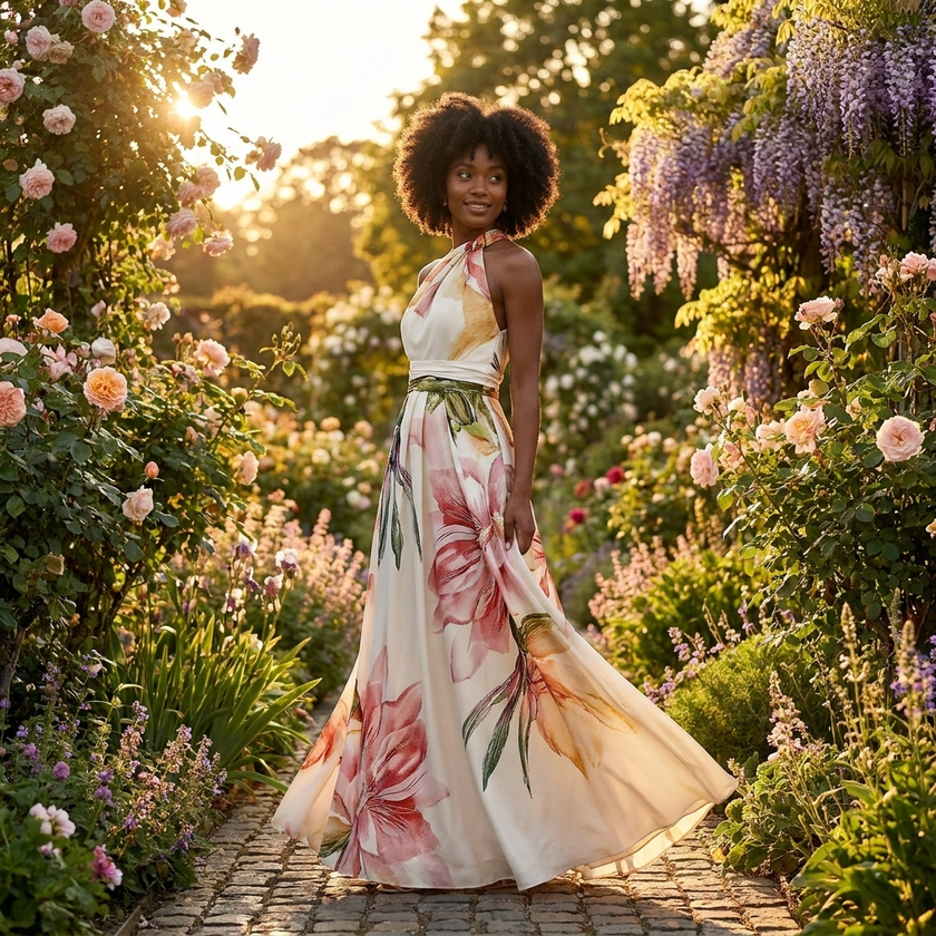 FJØRNA women's maxi dress with an asymmetric neckline, casual summer style, perfect for warm-weather occasions and casual weddings.