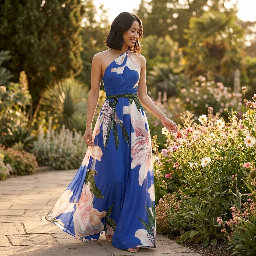 FJØRNA maxi dress for women featuring a casual summer style with an asymmetric neckline and a regular fit.