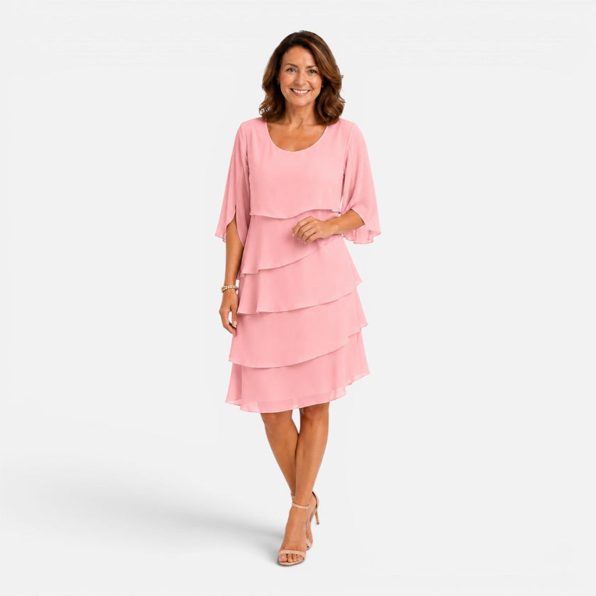 Elegant women's chiffon layered midi dress by FJØRNA featuring knee-length, comfortable fit and flowing fabric for stylish wear.