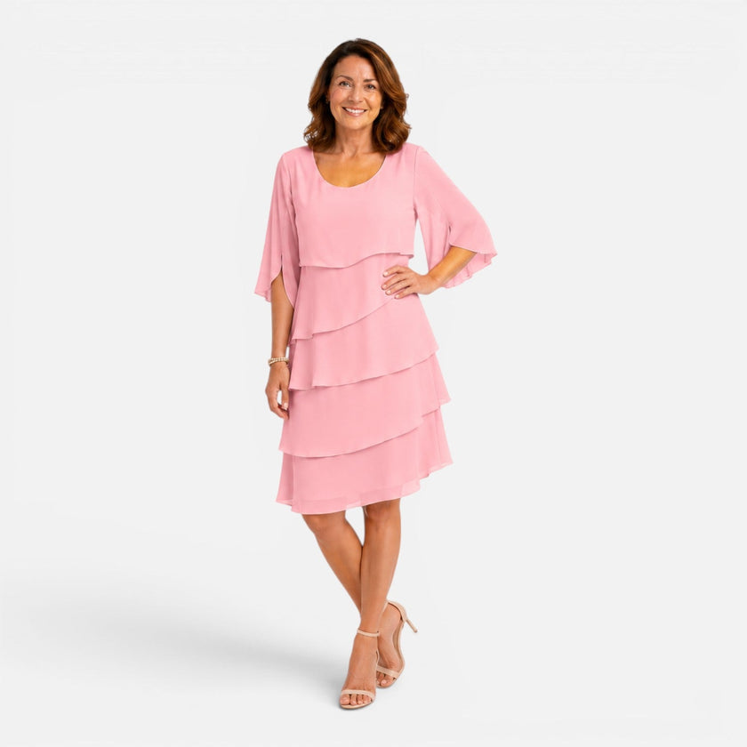 Women's chiffon layered midi dress by FJØRNA, knee-length, elegant and comfortable for stylish occasions.