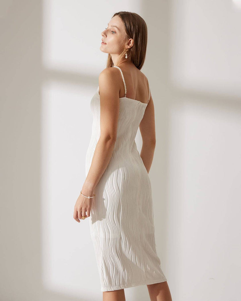 Red midi dress for women by FJØRNA featuring pearl straps and textured water ripple fabric.