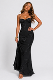 FJØRNA women's floral jacquard corset maxi dress featuring intricate lace details and a flowing silhouette.