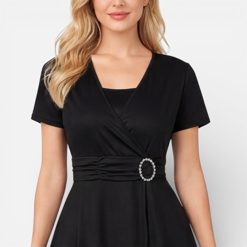 FJØRNA women's V-neck wrap dress with high waist, ideal for formal occasions and wedding guest attire, in a summer style.