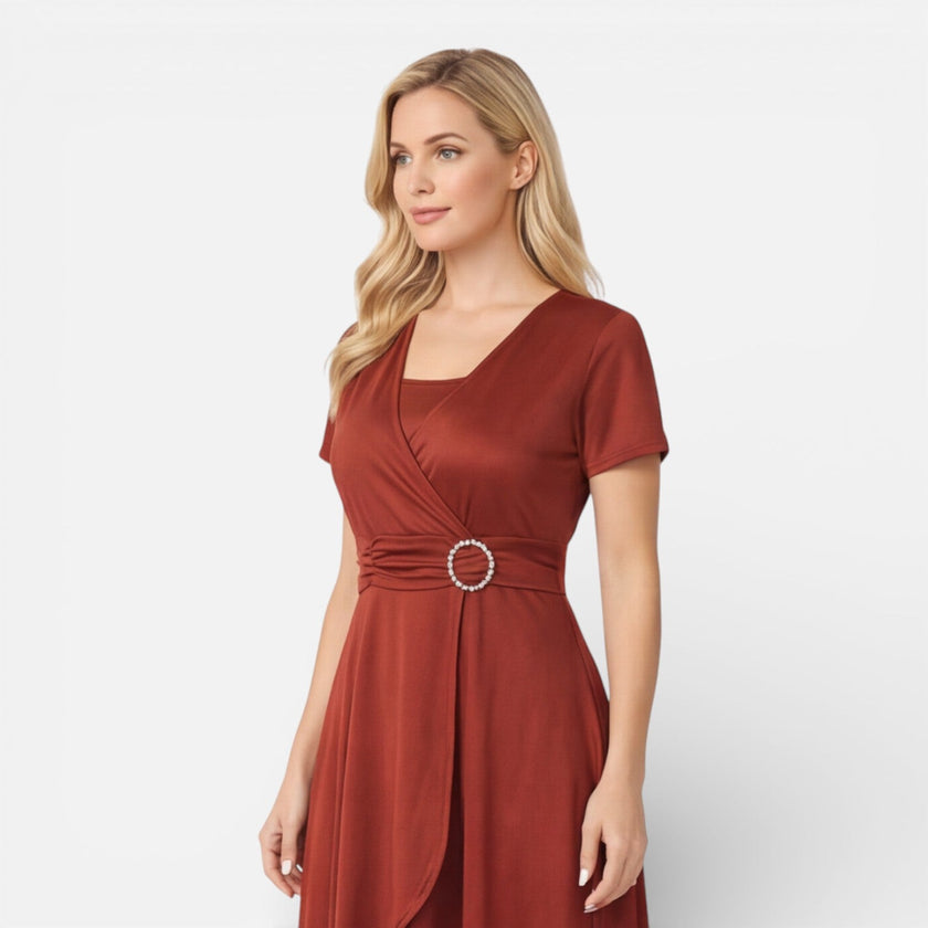 Women's V neck wrap dress by FJØRNA featuring a high waist design, perfect for formal occasions and wedding guest attire.