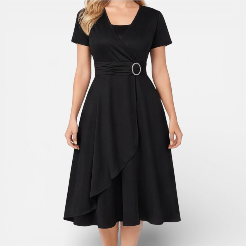 Women's V neck wrap dress by FJØRNA featuring a high waist, elegant design, perfect for formal weddings and summer events.