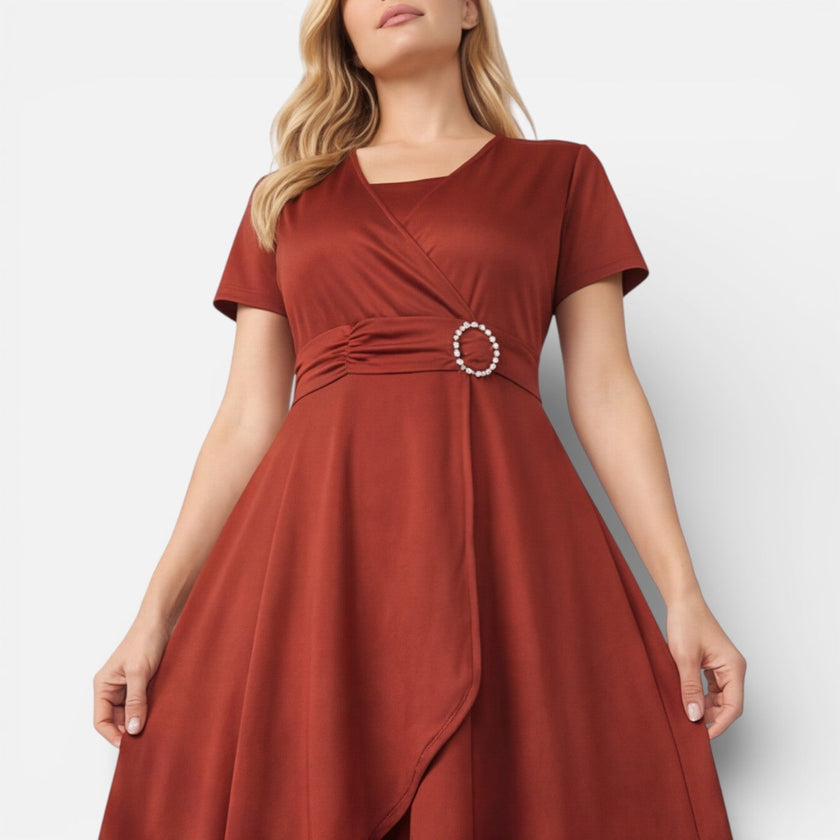 FJØRNA women's V-neck wrap dress with high waist, ideal for formal occasions and wedding guest attire, shown in summer style.