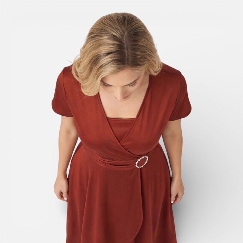 Women's V neck wrap dress by FJØRNA featuring a high waist design, perfect for formal weddings and summer occasions.