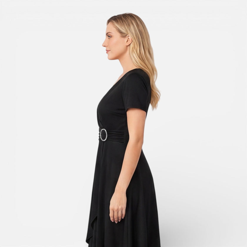 Women's V neck wrap dress by FJØRNA featuring a high waist, perfect for formal weddings, in a stylish summer design.
