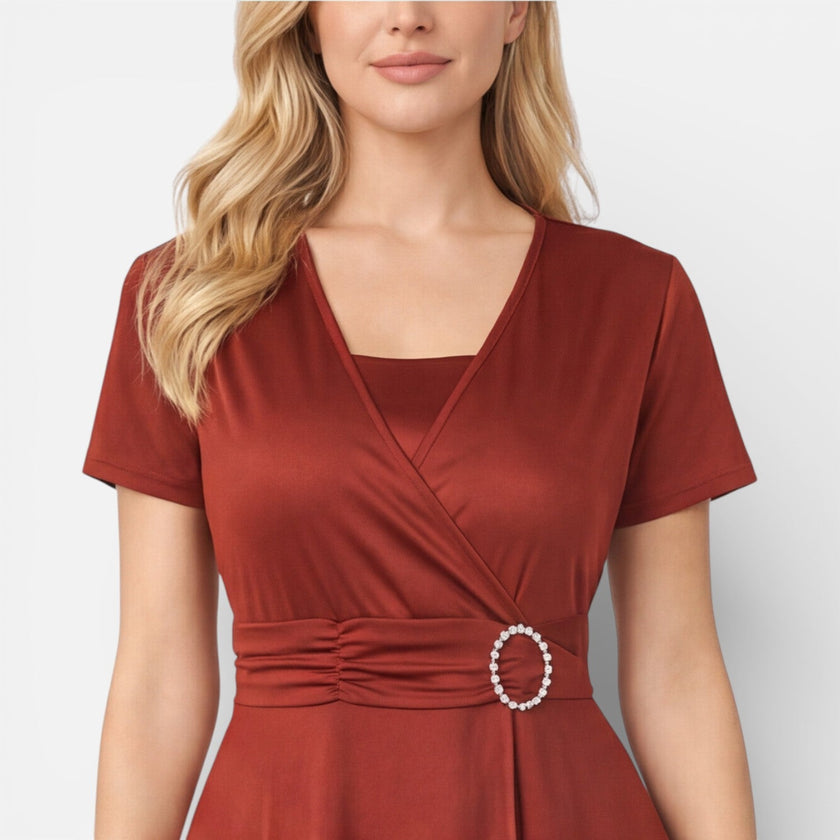 FJØRNA women's V neck wrap dress with high waist, suitable for formal events and wedding guest occasions.