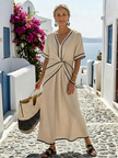 FJØRNA women's summer midi dress with short sleeves, wrap style, flowy and breathable fabric, perfect for warm weather.