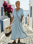 FJØRNA women's summer midi dress with v-neck, short sleeves, flowy lightweight fabric, perfect for warm weather.