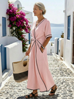FJØRNA summer midi dress for women with short sleeves, wrap design, flowy and breathable fabric, ideal for warm weather.