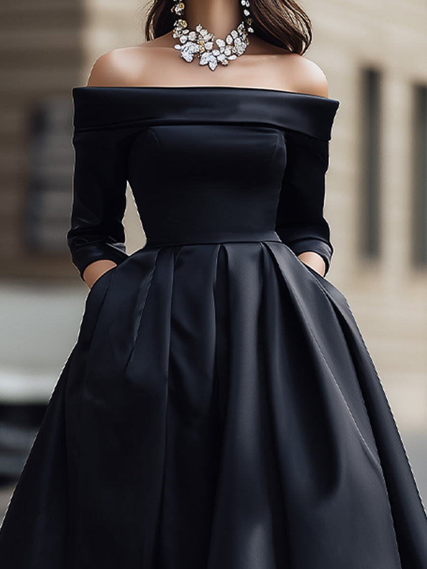 Elegant off-shoulder satin midi dress by FJØRNA featuring a fitted silhouette and flowing fabric, perfect for formal occasions.