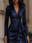 Midnight blue satin evening maxi dress with draped fabric and ruffle details by FJØRNA, perfect for elegant occasions.
