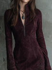 Vintage Suede Embroidered Lace Trim Women's Mini Dress - Party