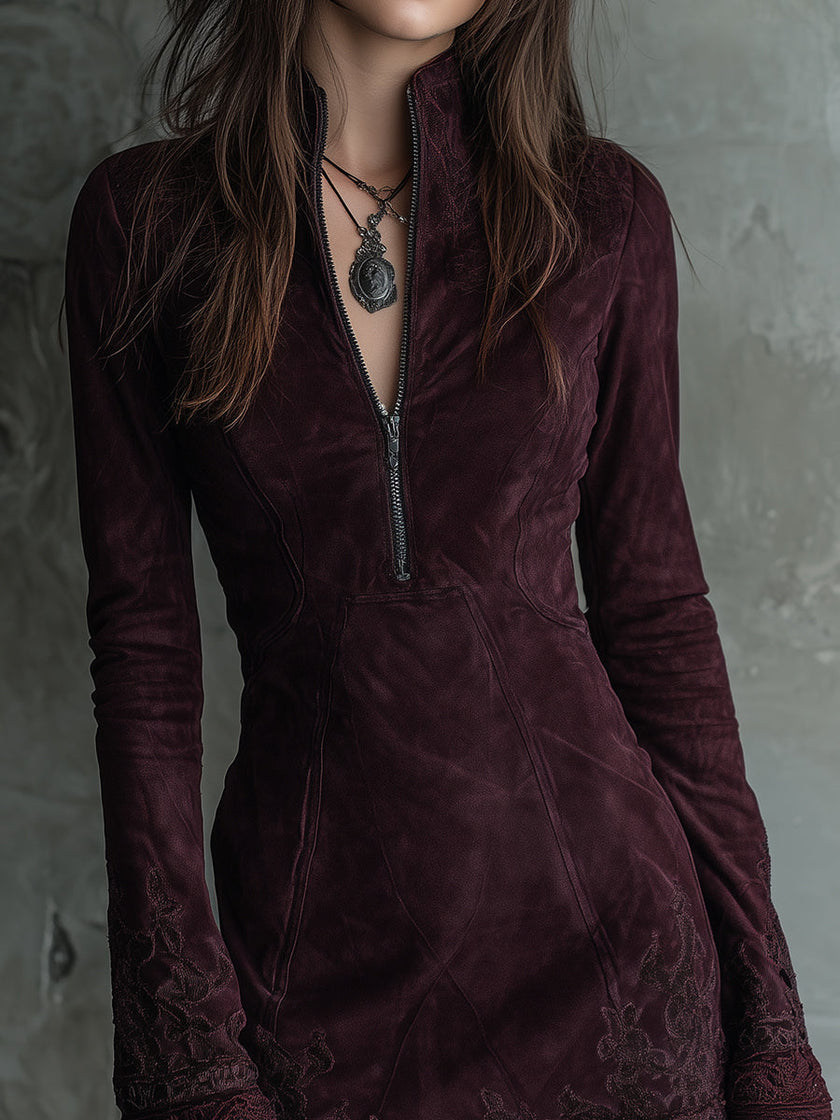 Vintage Suede Embroidered Lace Trim Women's Mini Dress - Party