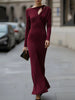 Elegant FJØRNA long-sleeve draped cutout evening gown, featuring a flowing maxi dress design with stylish sleeves.