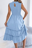 FJØRNA solid color sleeveless midi dress with tucked patchwork design, casual style, knee-length, perfect for summer wear