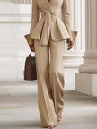 FJØRNA khaki belted waist two-piece trouser set with tailored pants and matching top, styled for a chic, modern look.