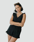 FJØRNA women's summer tankini set with ruffles and V-neck, featuring a stylish two-piece swimsuit on a model.
