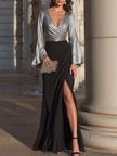 FJØRNA metallic wrap bodice evening dress with draped maxi silhouette and long sleeves, elegant formal dress for special occasions.