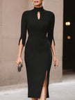 FJØRNA black keyhole front midi dress for women, showcasing a stylish midi black dress with a keyhole detail and elegant fit.