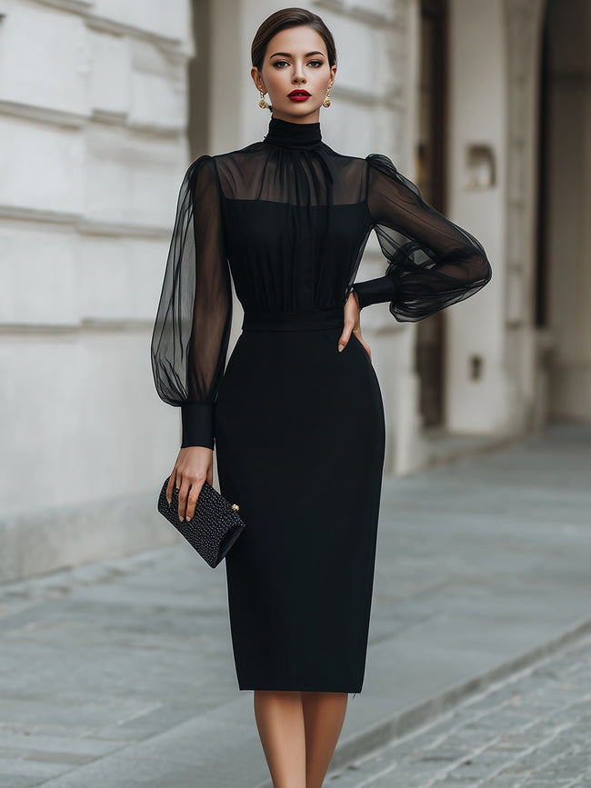 FJØRNA high-neck sheer sleeve tailored pencil midi dress, elegant cocktail dress with fitted silhouette and stylish design.