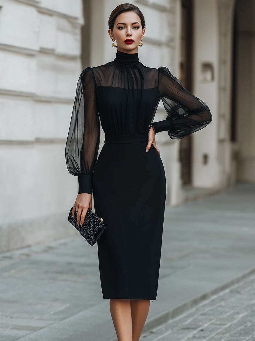 FJØRNA high-neck sheer sleeve tailored midi dress displayed flat with fitted silhouette and elegant design details.