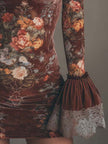 FJØRNA vintage floral velvet lace mini dress with intricate lace details and a romantic floral pattern, perfect for special occasions.