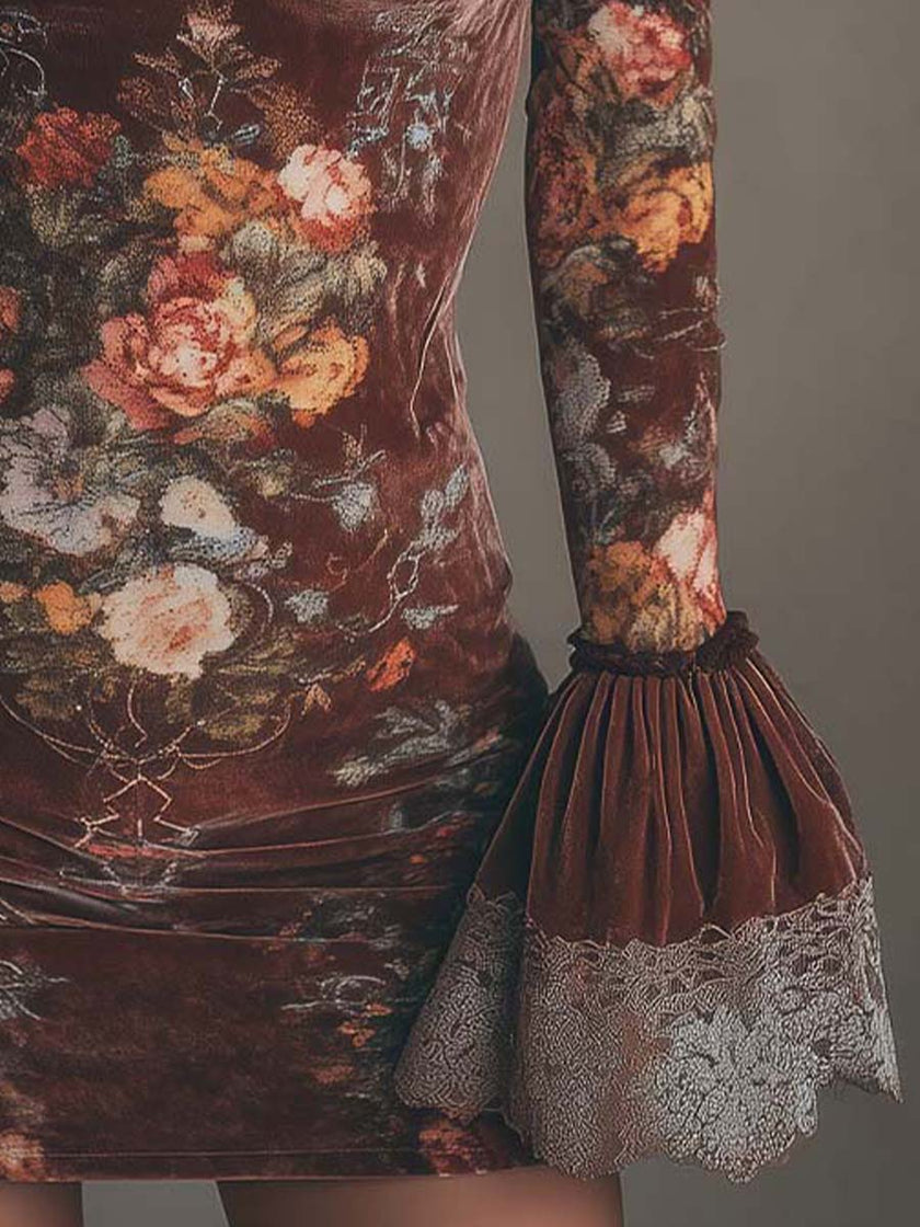 FJØRNA vintage floral velvet lace mini dress with intricate lace details and a romantic floral pattern, perfect for special occasions.