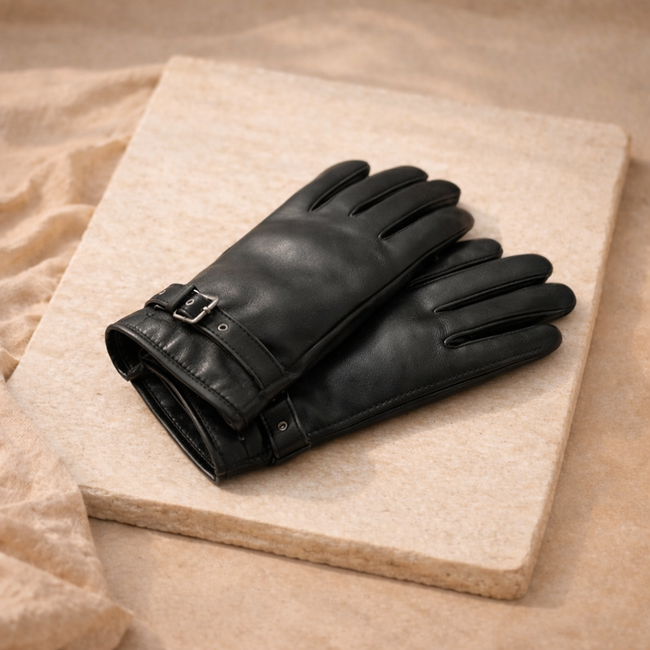 FJØRNA men's sheepskin leather gloves showing soft leather texture and snug fit, designed as stylish accessories for men.