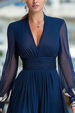 FJØRNA floral print patchwork mesh long-sleeved V-neck fitted waist maxi dress displayed on a model.