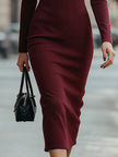 FJØRNA elegant long-sleeve sculpted midi sheath dress for women, showcasing a fitted design with a sophisticated silhouette.