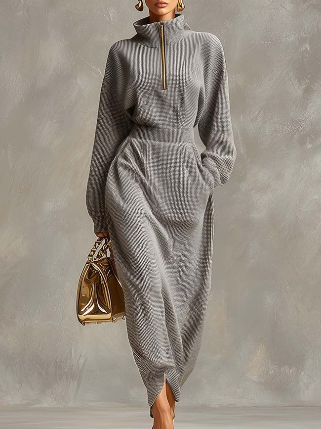 Grey waffle long sleeve maxi dress by FJØRNA, casual dress with a comfortable fit and relaxed style, shown on a model.
