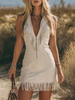 FJØRNA women's retro V-neck mini dress with zip front, fringed faux suede material, stylish and trendy for casual wear