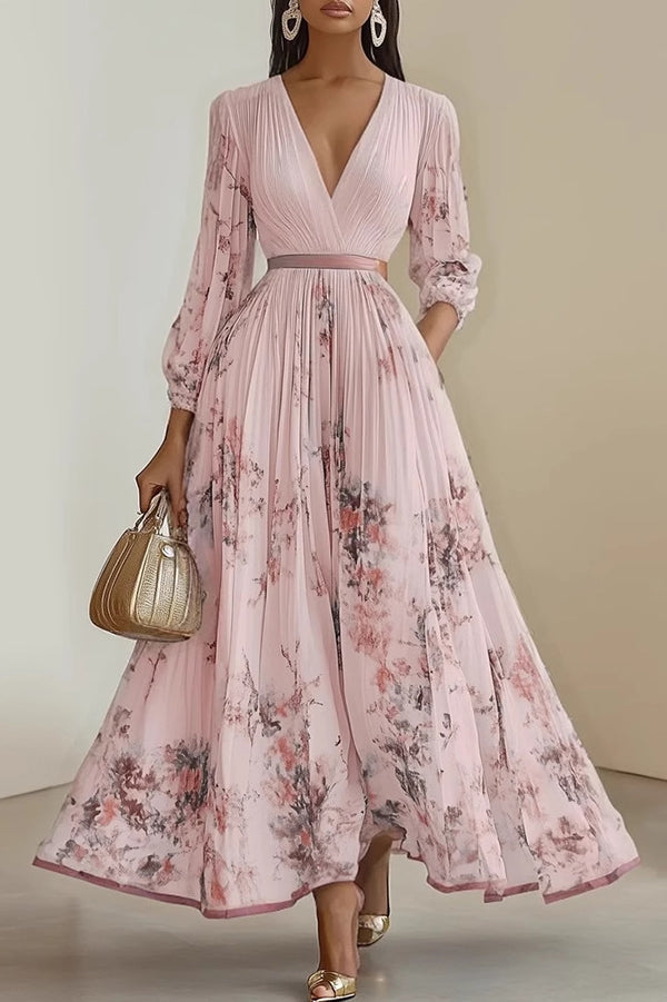 FJØRNA printed V-neck long sleeve maxi dress with bow tie waist, perfect for holiday occasions, featuring a stylish and elegant design.