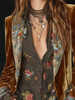Brown floral print velvet patchwork blazer for women by FJØRNA, featuring a stylish floral pattern and tailored fit.