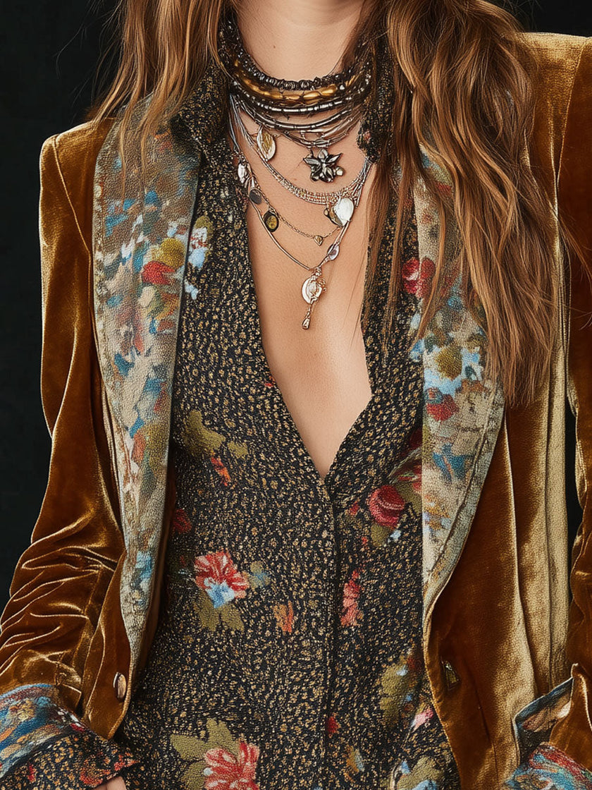 Brown floral print velvet patchwork blazer for women by FJØRNA, featuring a stylish floral pattern and tailored fit.