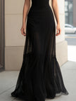 White FJØRNA high-neck pearl-trim puff-sleeve sheer panel evening gown, elegant dress for formal occasions.