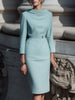 FJØRNA powder blue draped collar midi dress with fitted pencil silhouette and elegant design, perfect for stylish occasions.