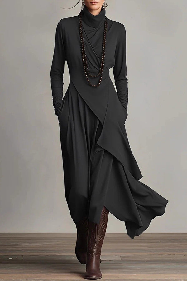 FJØRNA solid color high-neck long-sleeved irregular casual maxi dress, front view showing relaxed fit and elegant design.