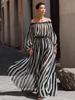FJØRNA elegant off-the-shoulder vertical stripe chiffon maxi dress with flowing fabric and stylish design, perfect for formal occasions.