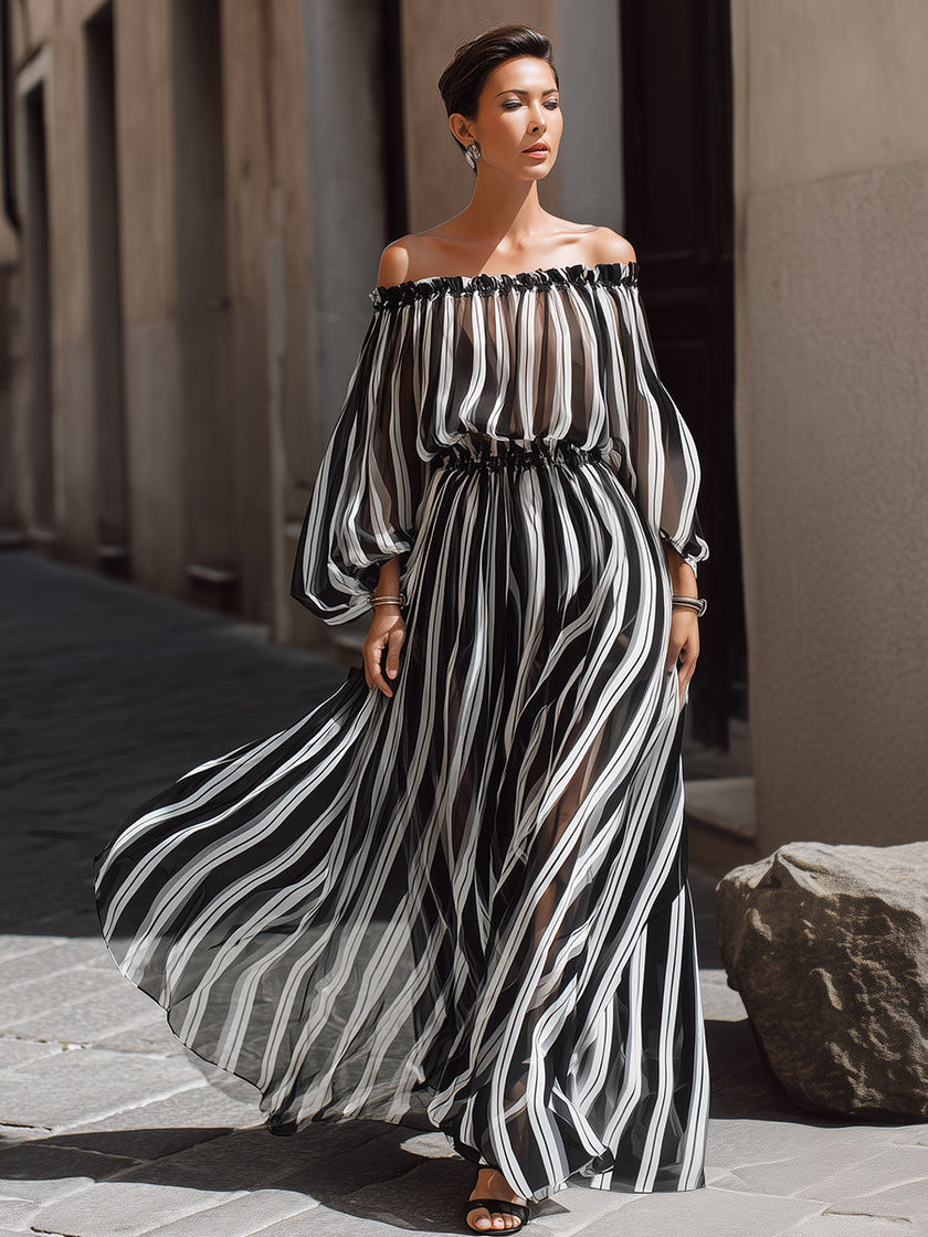 FJØRNA elegant off-the-shoulder vertical stripe chiffon maxi dress with flowing fabric and stylish design, perfect for formal occasions.
