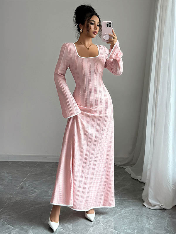 FJØRNA white A-line bodycon ribbed knit maxi dress with split joint and square neckline, stylish and fitted for elegant occasions.