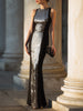 FJØRNA sculpted panel sleeveless evening gown with a maxi length and elegant silhouette, suitable for formal occasions.