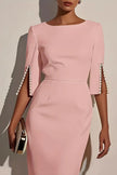 FJØRNA elegant round neck midi dress with half sleeves, beaded decor, slim fit, in solid color, suitable for formal occasions
